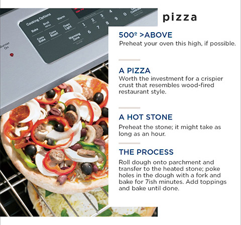 pizza — 500° >ABOVE Preheat your oven this high, if possible. A PIZZA STONE Worth the investment for a crispier crust that resembles wood-fired restaurant style. A HOT STONE Preheat the stone; it might take as long as an hour. THE PROCESS Roll dough onto parchment and transfer to the heated stone; poke holes in the dough with a fork and bake for 7ish minutes. Add toppings and bake until done.