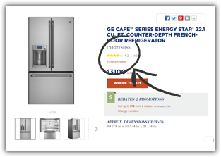 Image showing where to click for appliance ratings and reviews.