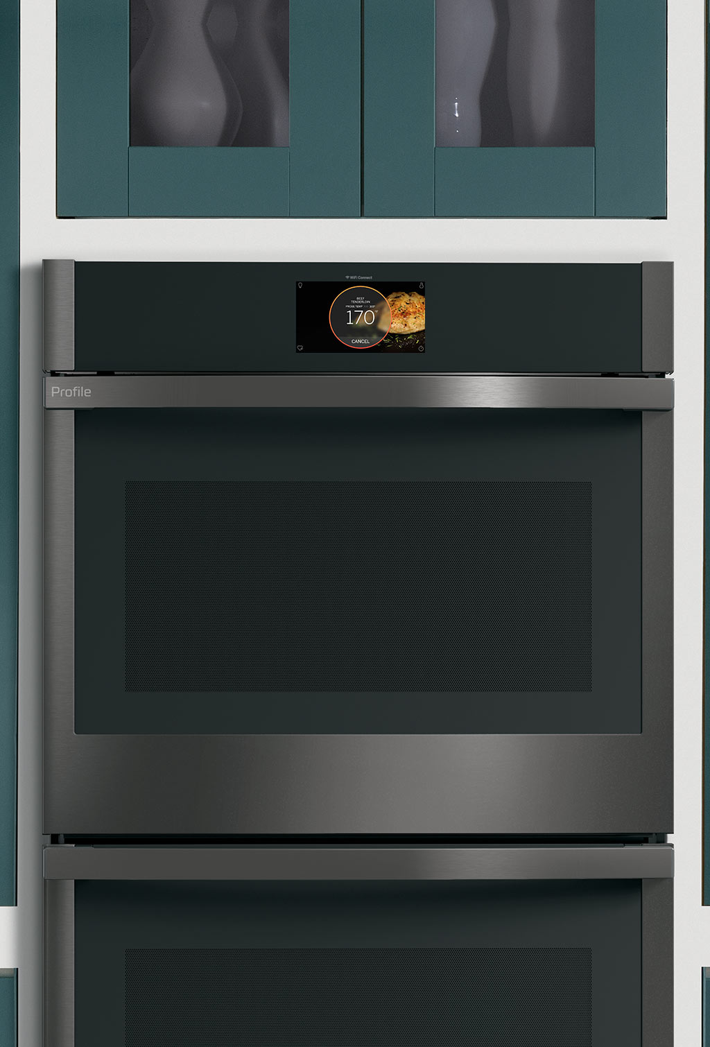GE Profile Double Wall Oven with Green Cabinets