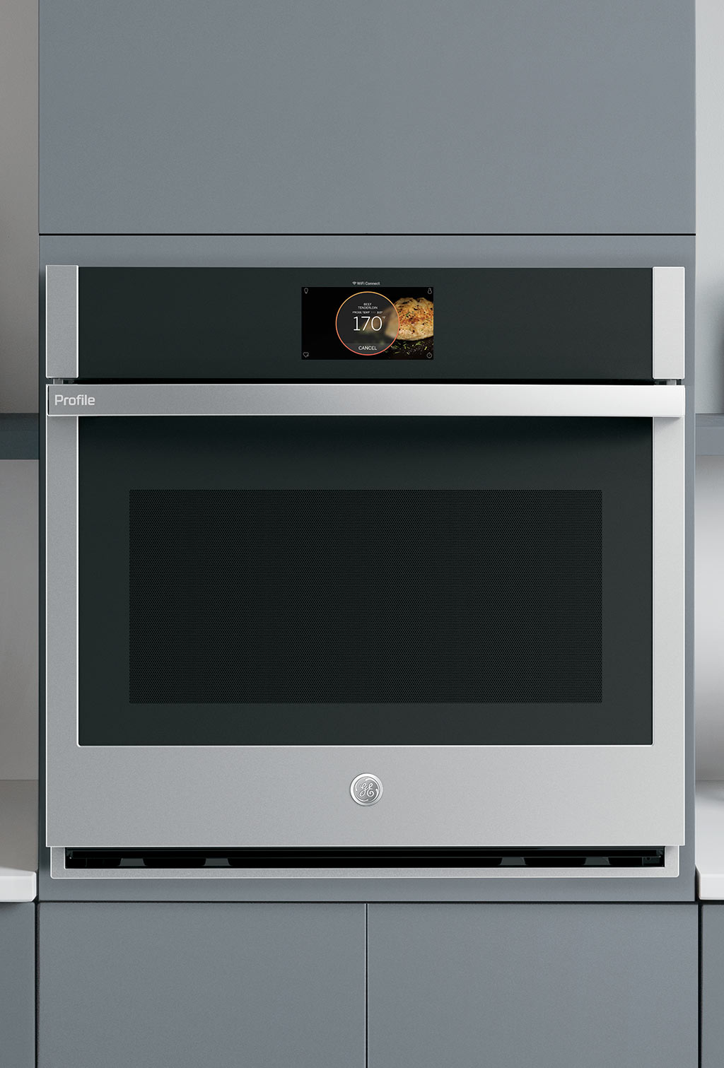 GE Profile Single Wall Oven with Gray Cabinets