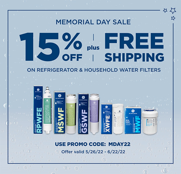 Save 15% plus FREE shipping on Refrigerator & Household water filters. Use promo code: MDAY22