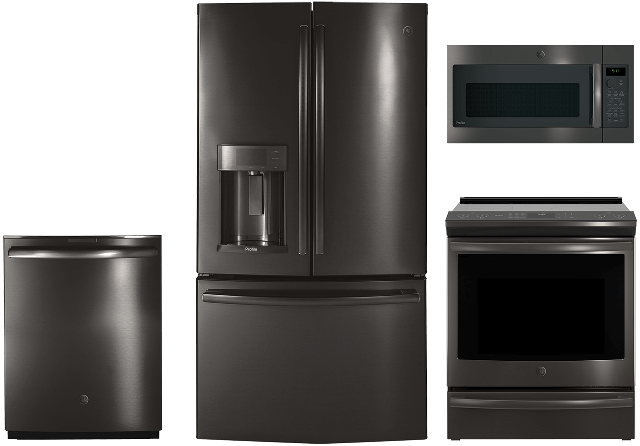 BLACK STAINLESS STEEL APPLIANCES: group shot of refrigerator, range, microwave and dishwasher