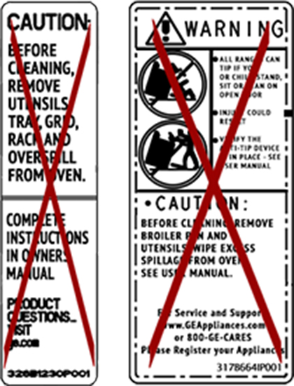 Caution Warning examples not to use to locate Model/Serial Numbers