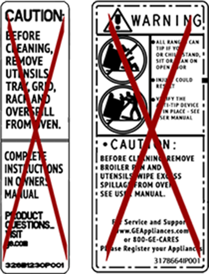 Example of caution and warning tags for products that do not have model or serial numbers