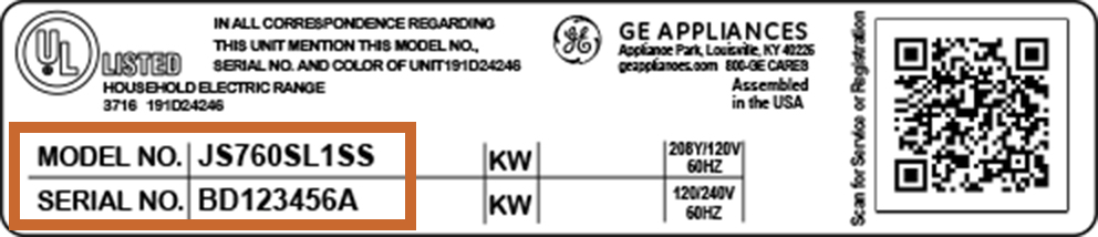 Model/Serial Number tag with QR image example