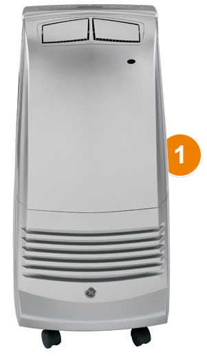GE Appliances portable room air conditioner with number 1 showing location of the model or serial number tag
