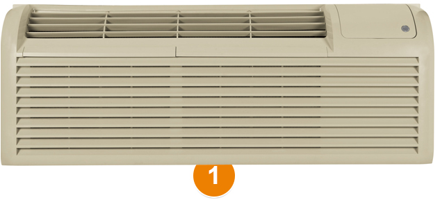 Beige GE Appliances zoneline room air conditioner with number 1 highlighting where model or serial number tag is located