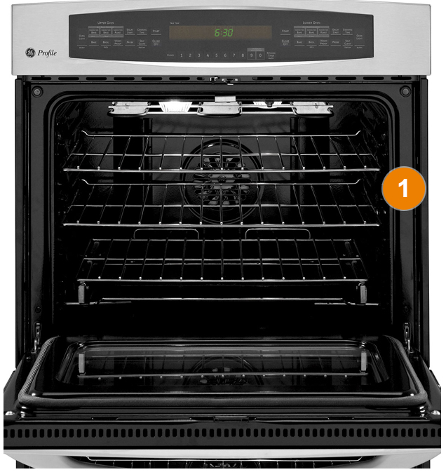 GE Appliances wall oven with number 1 highlighting where model or serial number tag is located