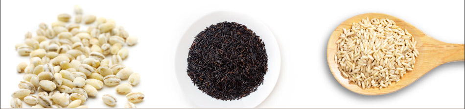 Image of grain examples — farro, barley, brown rice and black rice