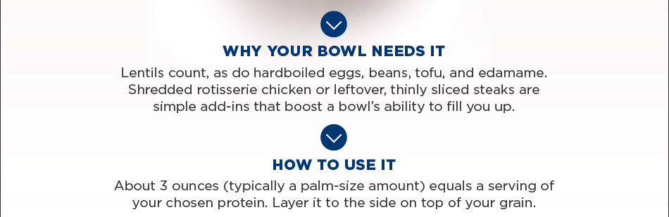 About 3 ounces (typically a palm-size amount) equals a serving of your chosen protein. Layer it to the side on top of your grain.