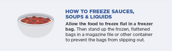 How to freezer sauces, soups and liquids. Allow the food to freeze flat in a freezer bag. Then stand up the frozen, flattened bags in a magazine file or other container to present the bags from slipping out.