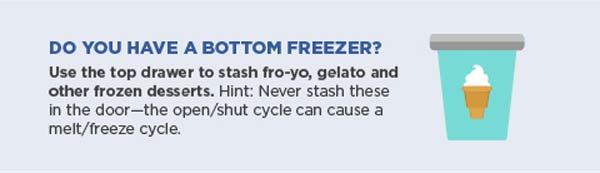 Do you have a bottom freezer? Use the top drawer to stash fro-yo, gelato and other frozen desserts. Hint: never stash these in the door—the open/shut cycle can cause a melt/freeze cycle.