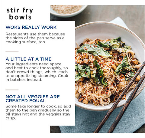 stir fry bowls — WOKS REALLY WORK Restaurants use them because the sides of the pan serve as a cooking surface, too. A LITTLE AT A TIME Your ingredients need space and heat to cook thoroughly, so don't crowd things, which leads to unappetizing steaming. Cook in batches instead. NOT ALL VEGGIES ARE CREATED EQUAL Some take longer to cook, so add them to the pan gradually so the oil stays hot and the veggies stay crisp.