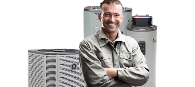 Image of a professional installer with a grouping of HVAC systems and water heaters products.